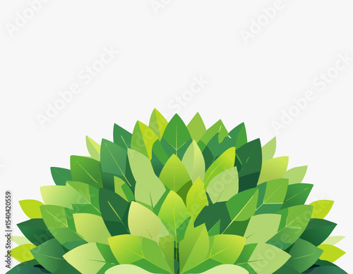 Cute green bush with overlapping leaves, bright flat illustration, plain white background, large copy space for advertisement or banner design.