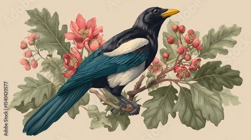 cute illustration of yellow-billed bird with oak leaf and flowers