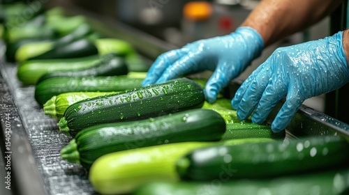 Gloved Hands Sorting Fresh Green Zucchini on Conveyor Belt