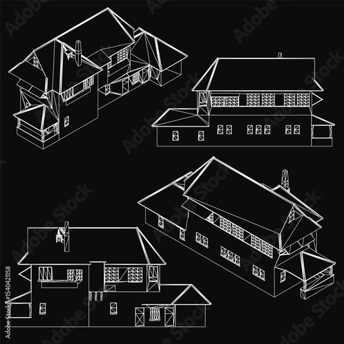 Cottage blueprint on a black background showcases detailed architectural design, including floor plan, dimensions, and structural elements. Perfect for construction projects or real estate.