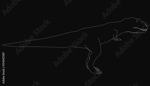 T-Rex line drawing in black and white, standing against a dark background with sharp teeth and powerful legs. The detailed illustration captures the dinosaur's fierce expression and muscular build.