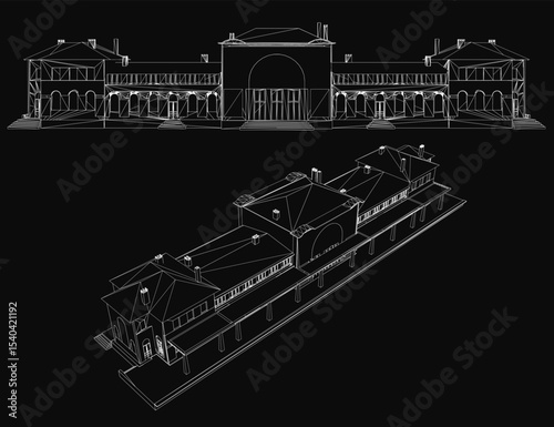 A detailed architectural blueprint of a modern estate building featuring numerous windows, clean lines, and precise measurements. The technical drawing is presented on a sleek black background,.