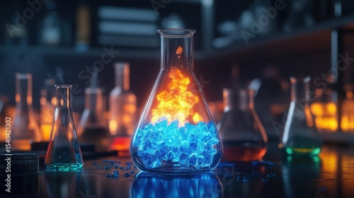 Glowing Blue and Orange Crystals in Glass Flask, Laboratory Setting