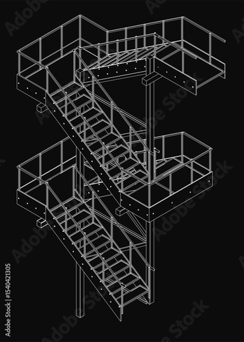 Black and white fire escape staircase with sturdy railings and metal steps, designed for emergency exits and firefighter safety. The detailed drawing highlights the structural elements and functional.