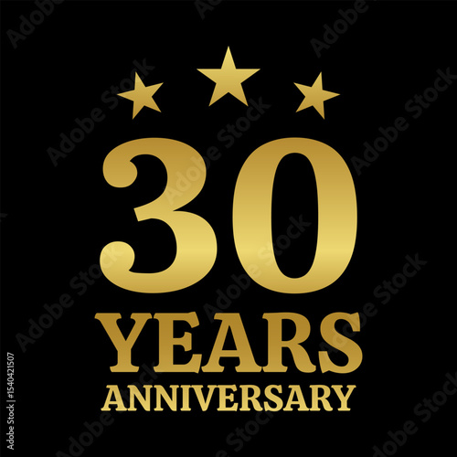 30 years anniversary golden icon, logo or badge. 30th birthday, jubilee celebration, wedding, invitation card design element. Vector illustration.