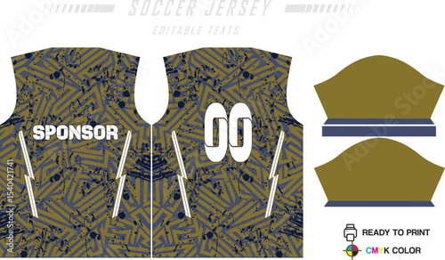 Sport jersey design template with grunge line halftone pattern background. Sport uniform in front & back view. Shirt mock up for sport club.