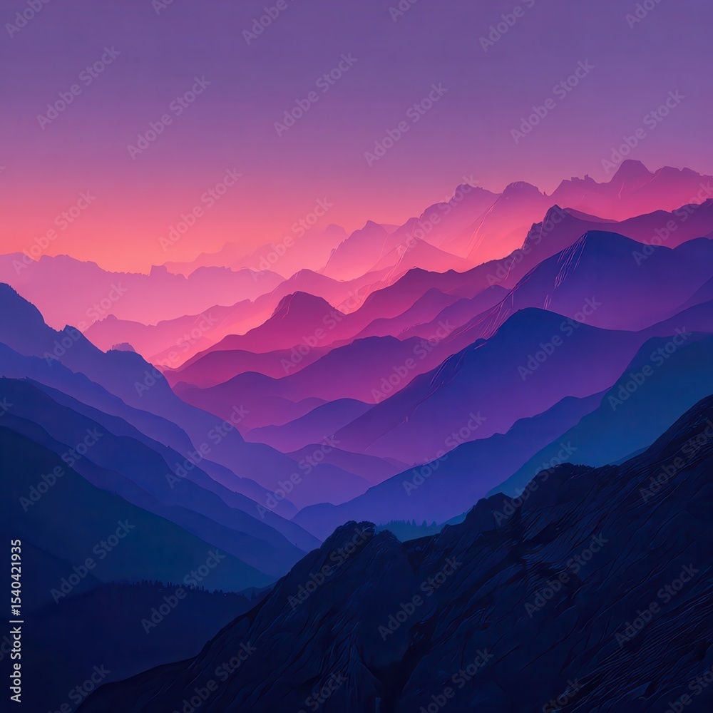 Fototapeta premium Layered Mountain Ridges at Sunset with Pink and Purple Hues.