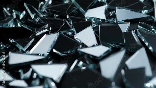 Sharp fragments of reflective shattered mirror glass, scattered abstractly on a dark surface, presenting a modern, broken aesthetic.