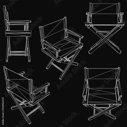 Folding chairs with a realistic 3D model design stand on a black background. The folding chairs feature clean lines, wooden frames, and a professional aesthetic.