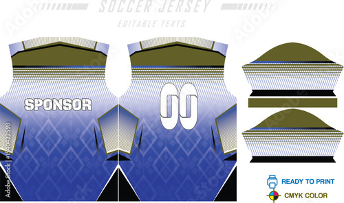 Sport jersey design template with grunge line halftone pattern background. Sport uniform in front & back view. Shirt mock up for sport club.