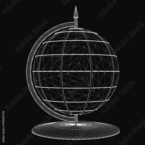 3D wireframe globe model with a realistic rendering, set against a sleek black background for high contrast. The detailed grid lines highlight the spherical structure, creating a modern and.