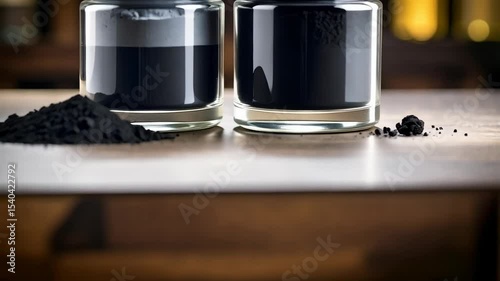 Two glass jars containing dark activated charcoal powder arranged on wooden surface, one mixed with liquid, natural beauty ingredient.