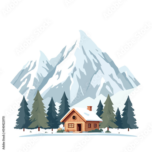 Vsai wooden cabin nestled in snowy forest at the foot of majestic mountains