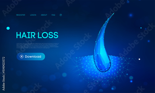 Hair loss treatment concept with single glowing hair follicle structure in digital wireframe design on blue background, modern care solution, scalp health and follicle regeneration