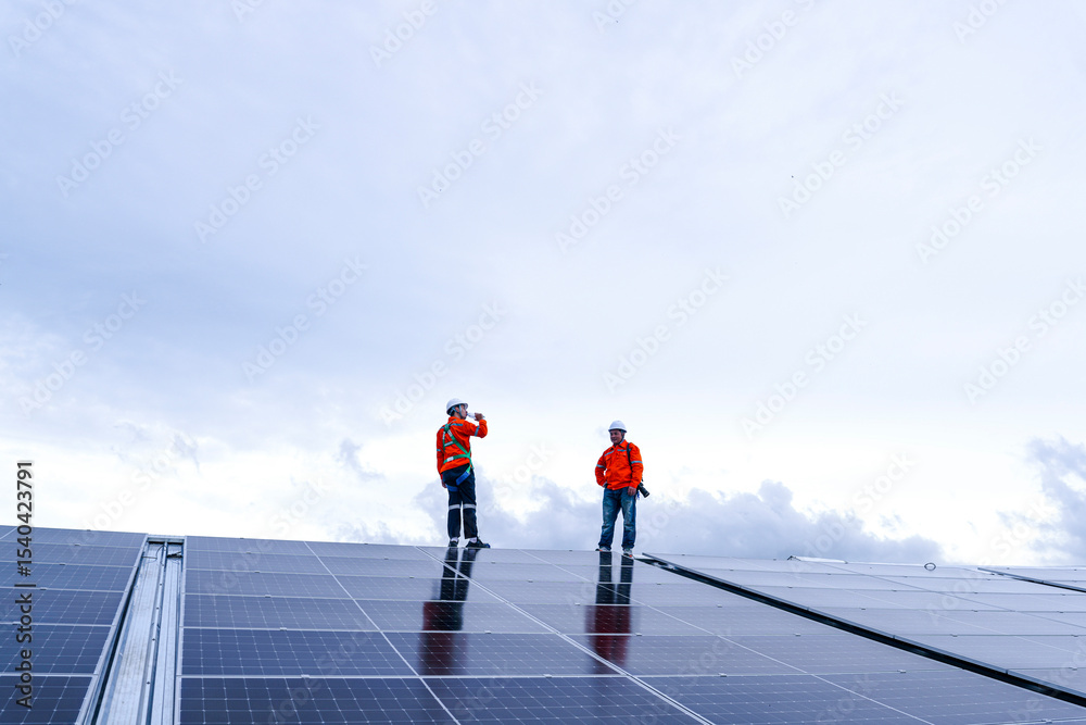 Obraz premium Engineer in safety gear standing on large solar panel rooftop
