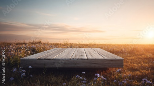 An empty wooden stage at dawn in a field of wildflowers. The hopeful light of dawn on a minimalist stage in nature.