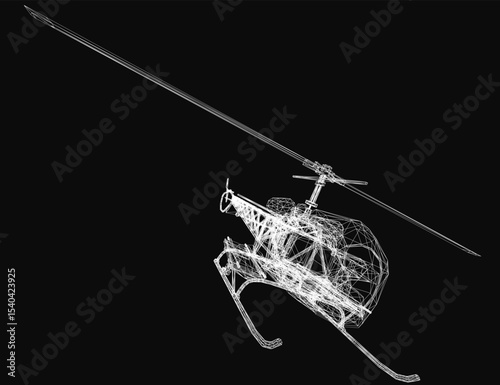 Helicopter 3D wireframe model with detailed rotor blades, cockpit, and landing gear, isolated on a black background for high contrast. The clean white lines highlight the intricate engineering design.
