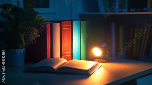 Colorful stack of business books arranged on modern office desk under hard direct lighting, symbolizing corporate knowledge, professional development, and workplace productivity




