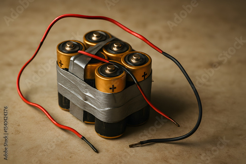 A hand-wired battery cluster rests on a flat surface representing improvised energy supply or survivalist field engineering in combat