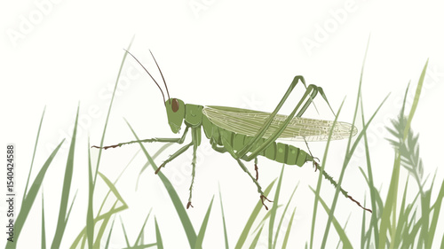 A detailed close-up shot of a green grasshopper perched on blades of grass against a white background. The image showcases the grasshopper's intricate details, including its legs, antennae