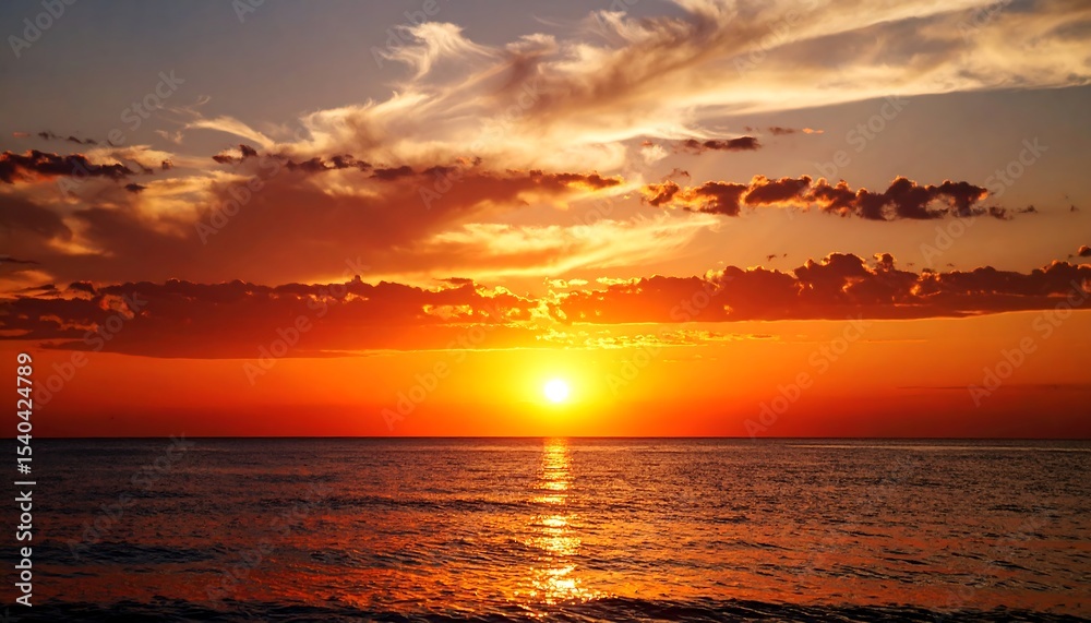 Obraz premium Fiery Sunset Over Calm Ocean.