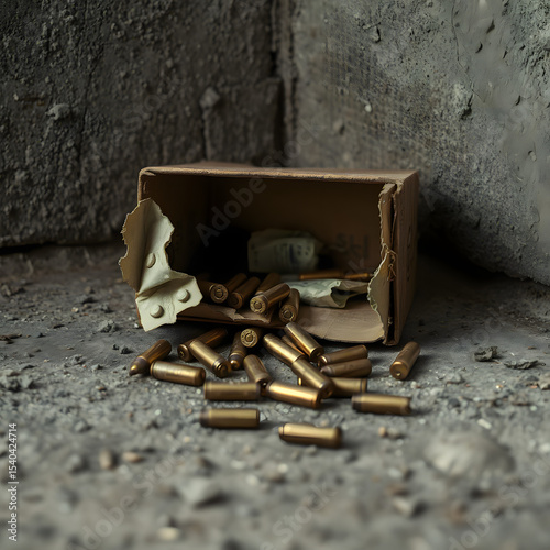 An open box with spent bullet casings spilled across dirty concrete illustrates recent combat or ammunition discard in the field
