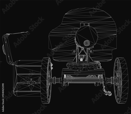 A vintage machine gun wireframe model in white lines on a black background, viewed from the front as a 3D blueprint. The design features intricate mechanical details, clean vector lines