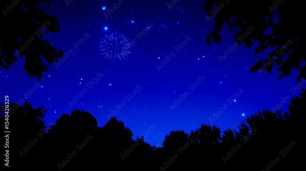 Naklejka premium Fireworks display over trees at night