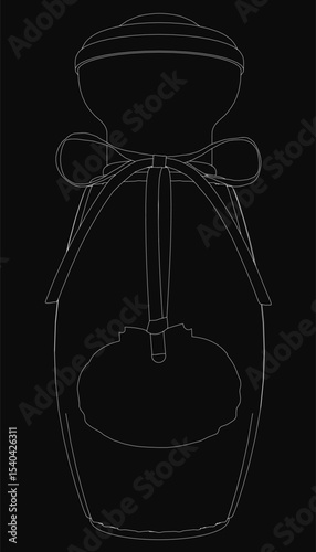A black and white drawing of a transparent glass perfume bottle with a lid and handle, tied with an elegant ribbon, revealing the contents inside. The minimalist design highlights the bottle's.