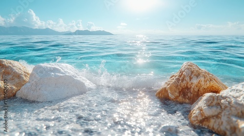 Ocean Waves Crashing on Light Rocks on Sunny Day