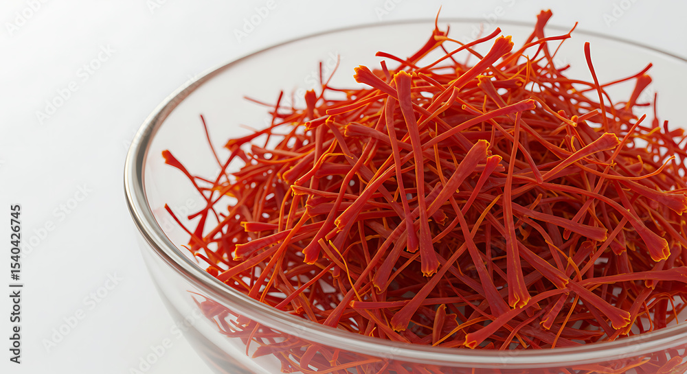 Fototapeta premium Saffron Threads in Glass Dish , Ultra HD Macro Herbal Spice