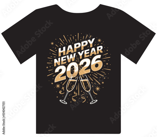 T shirt design of "Happy New Year 2026" with Champagne Toast and Golden Fireworks - Festive Celebration

