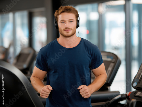 Young man in casual blue shirt, wearing headphones, is exercising on treadmill in modern gym, showcasing fitness lifestyle and dedication to health and wellness