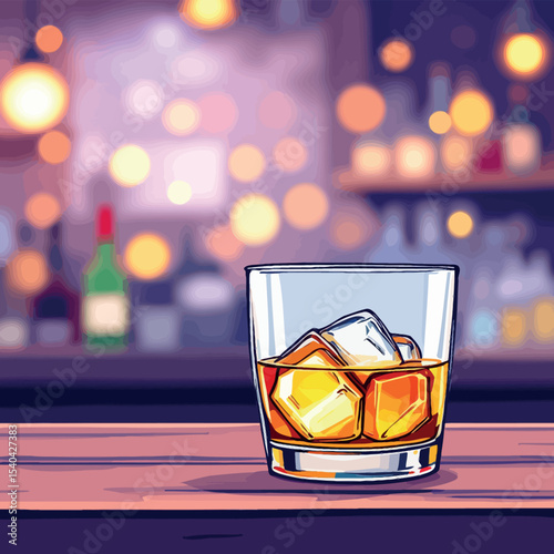 Vsai glass of whisky with ice cubes sitting on bar counter in blurred nightclub background