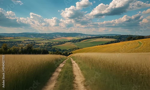 Golden Wheat Fields with Path Leading to Distant Town Under Blue Sky and Clouds