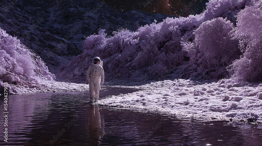Obraz premium Astronaut Walking Along Reflective Stream in Alien Purple Forest