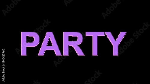 Abstract video of Pixel Art Party Text Animation. Glitchy, Pulsating, and Pixelated Retro Gaming Style in Pastel Colors on Black Background. Vivid color pulsating animation and social media posts	