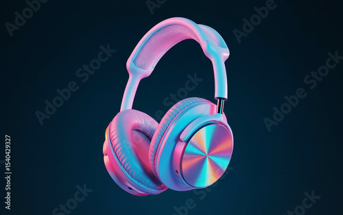 Modern wireless headphones in vibrant neon colors floating against a deep blue background with creative lighting design for music listening