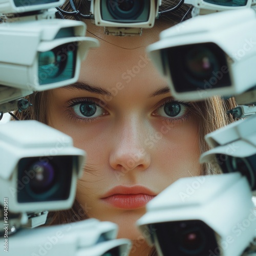 Surveillance Portrait Young Woman Amidst Security Cameras