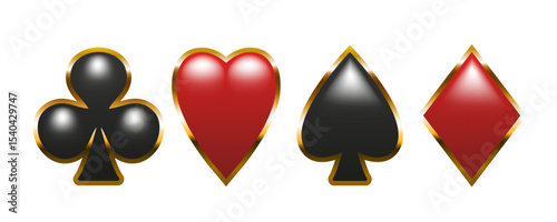 Card suits in a golden frame. Hearts, clubs, diamonds, spades. Set of vector icons isolated on white background.