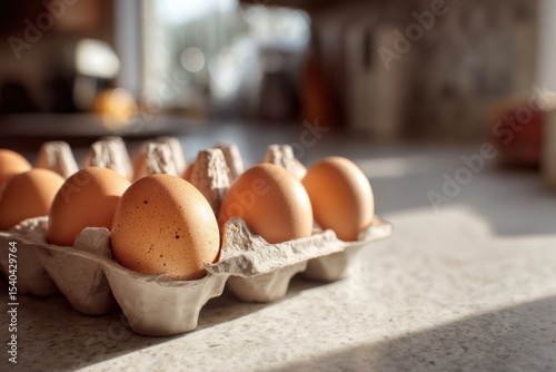 Morning light casts a warm glow on a carton of brown eggs resting on a kitchen countertop photo