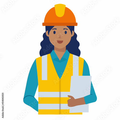 Flat design vector of a South Asian female engineer in safety vest and helmet, holding blueprint at construction site, white background