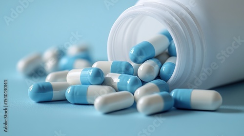 White and Light Blue Capsules Spilled from Bottle on Light Blue Background