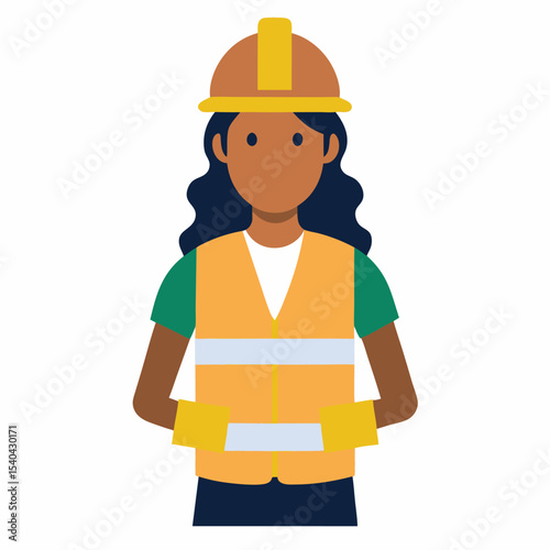 Flat design vector of a South Asian female engineer in safety vest and helmet, holding blueprint at construction site, white background