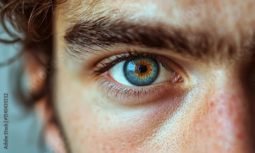 Intense Blue Brown Eye Macro Shot Featuring Fair Skin and Visible Pores with a Striking Gaze