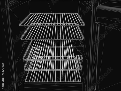 Black and white refrigerator illustration with three wire racks inside, set against a dark mysterious background. The clean line art emphasizes functionality while the shading adds depth.