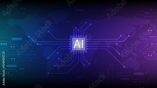 AI world map technology circuit digital futuristic innovation blue purple glowing abstract