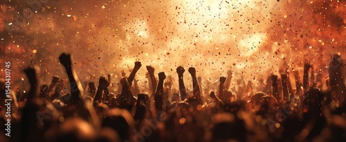 The vibrant crowd rejoices with raised hands during a dynamic celebration.