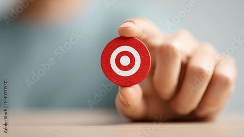 Businesswoman holding red target icon between fingers symbolizing achieving business goals