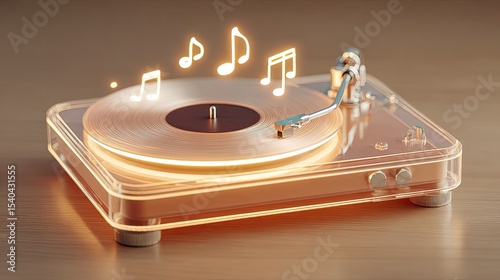 Transparent vinyl record player playing music notes on wooden surface